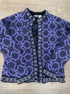 L.L. Bean Purple, Black and White Nordic Wool Cardigan